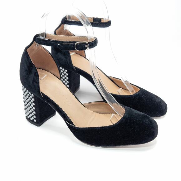 J.Crew Velvet Rhinestone Block Heel Ankle Strap Heels Black Size 5 Evening Chic - Picture 2 of 10